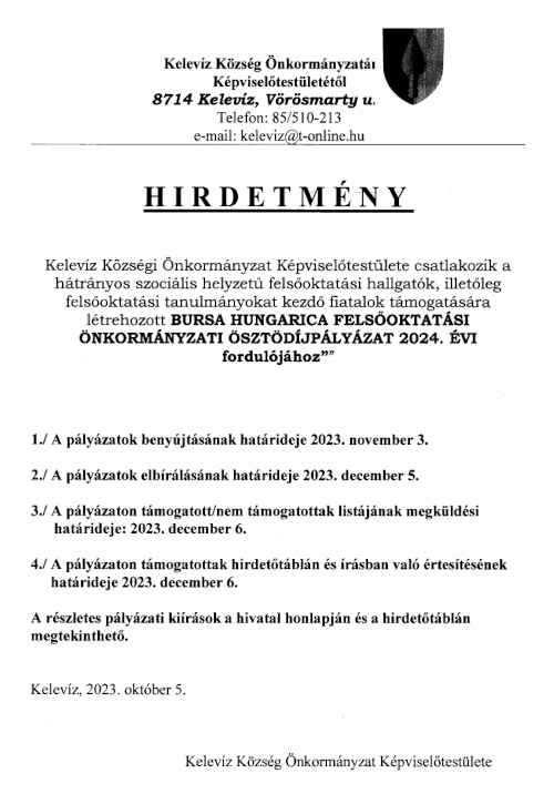 BURSA hirdetmény Kelevíz 2024